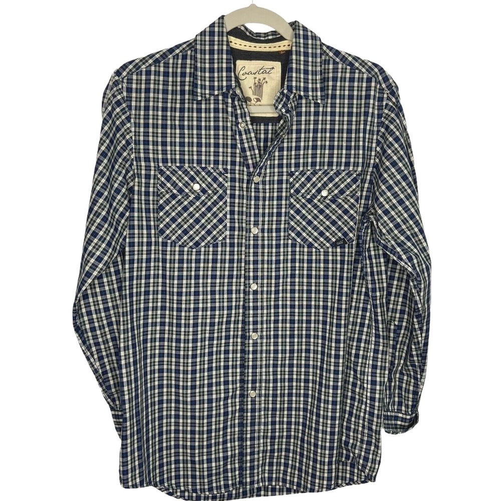 Coastal Mens Western Shirt Small S Blue White Plaid Pearl Snap Long Sleeve Work